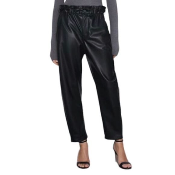 Zara Black Faux Leather High Waisted Paper-bag Waist Pants Size 2 - Picture 1 of 16
